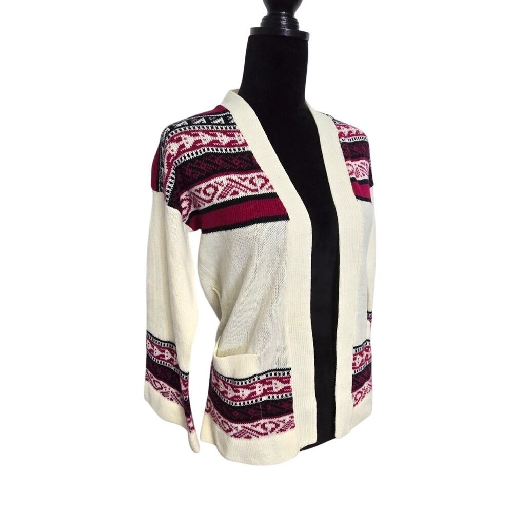 Vintage Wallington Fashions Ivory Fair Isle Open Front Cardigan Sweater Size 12